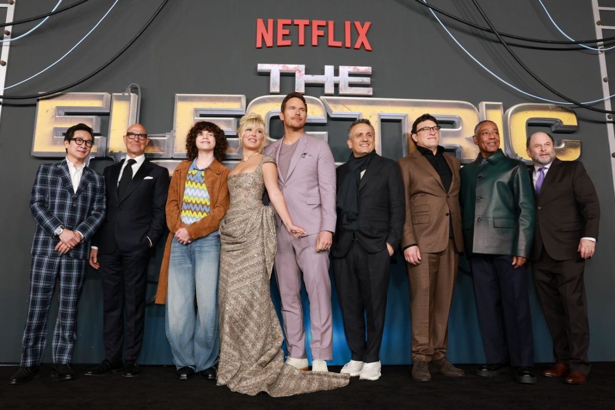 Ke Huy Quan, Stanley Tucci, Woody Norman, Millie Bobby Brown, Chris Pratt, Joe Russo, Anthony Russo, Giancarlo Esposito and Jason Alexander attend the World Premiere of Netflix's "The Electric State"