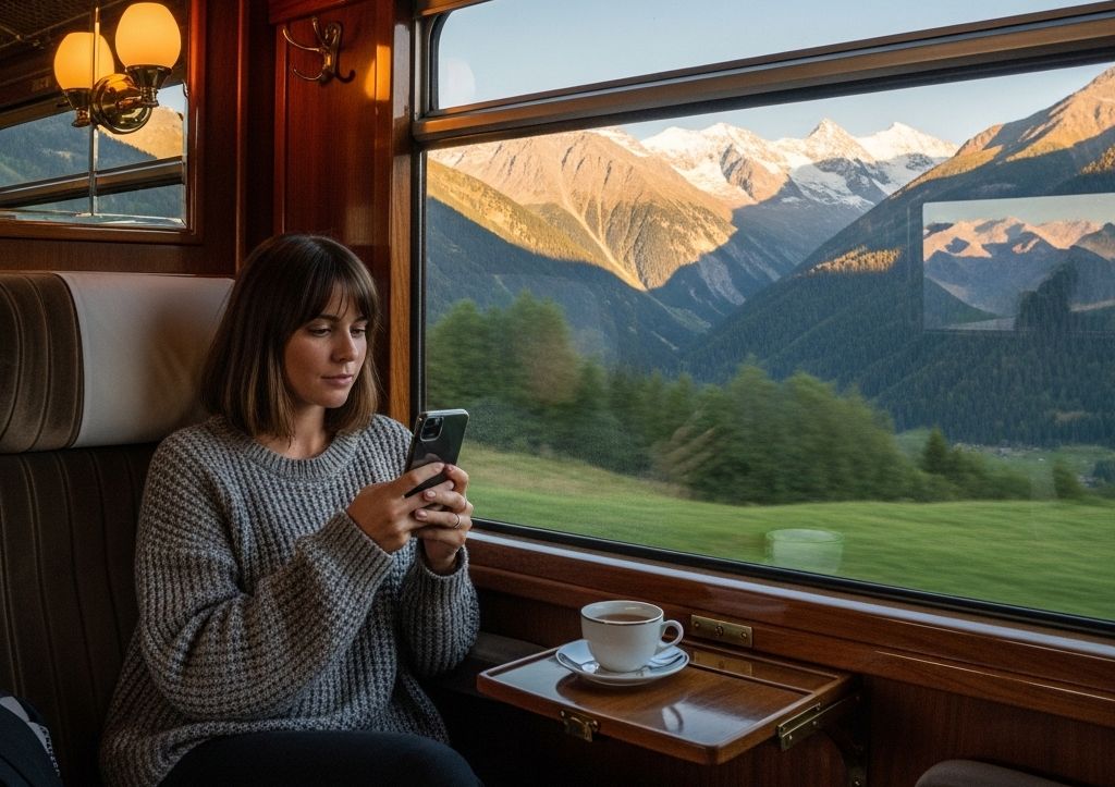 Žena cestuje ve vlaku s telefonem v ruce