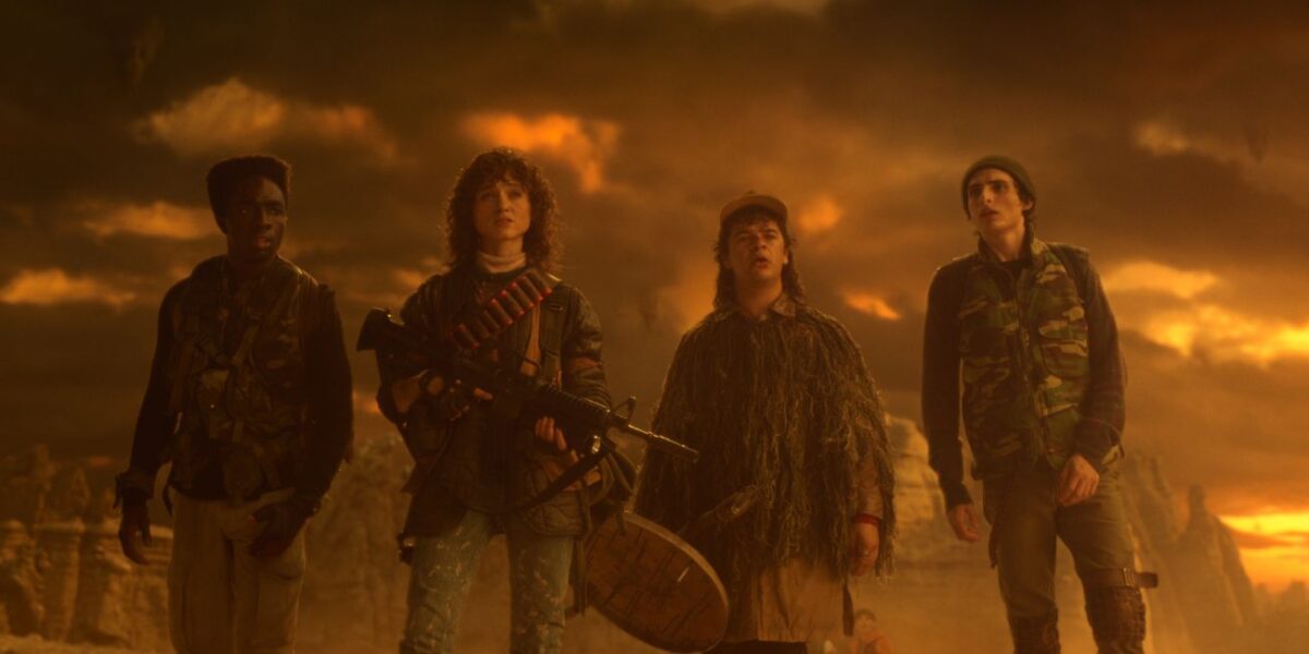 Caleb McLaughlin as Lucas Sinclair, Natalia Dyer as Nancy Wheeler, Gaten Matarazzo as Dustin Henderson, and Finn Wolfhard as Mike Wheeler in Stranger Things: Season 5