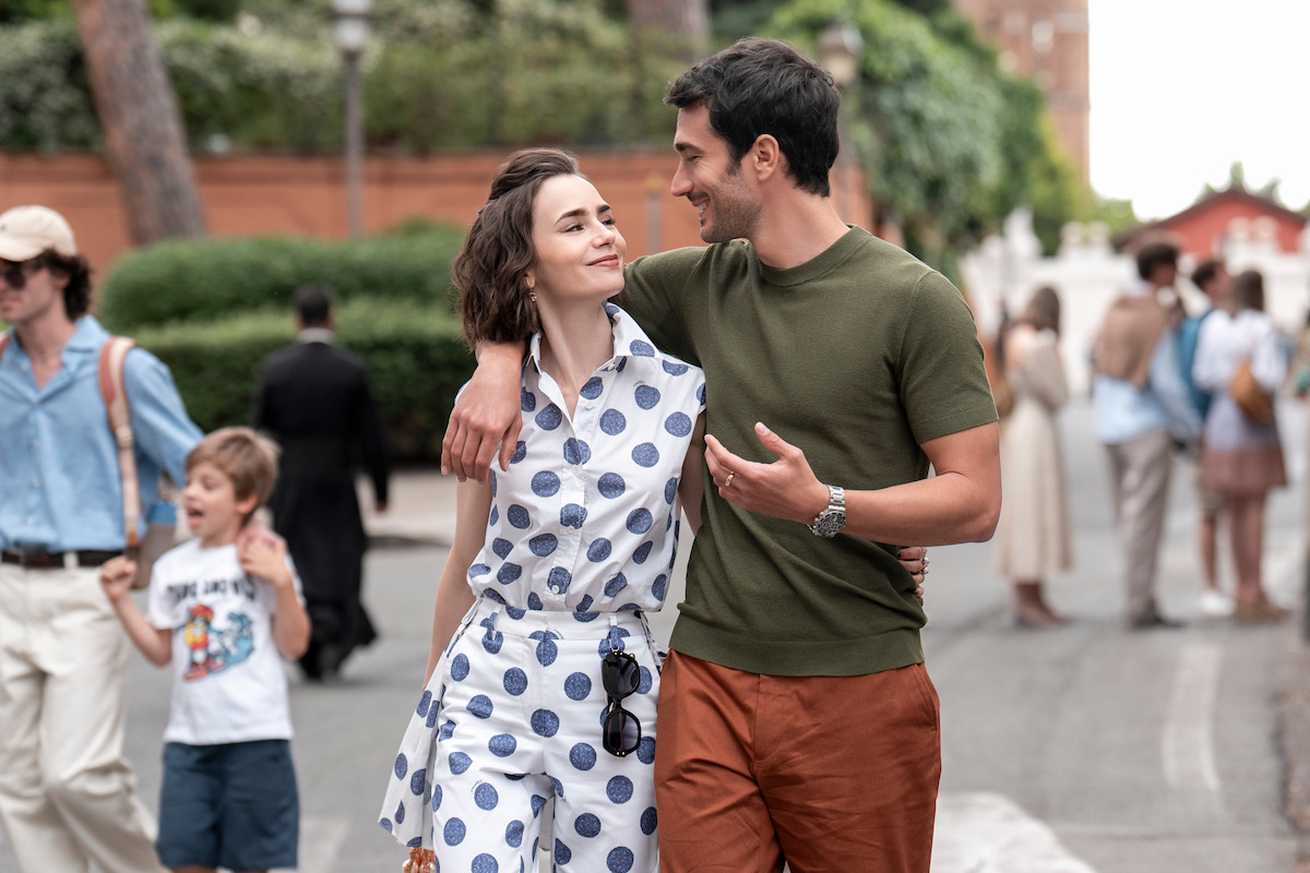 Emily In Paris. (L to R) Lily Collins as Emily, Eugenio Franceschini as Marcello