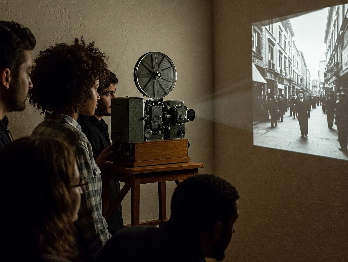 Lidé s promítačkou koukají na film