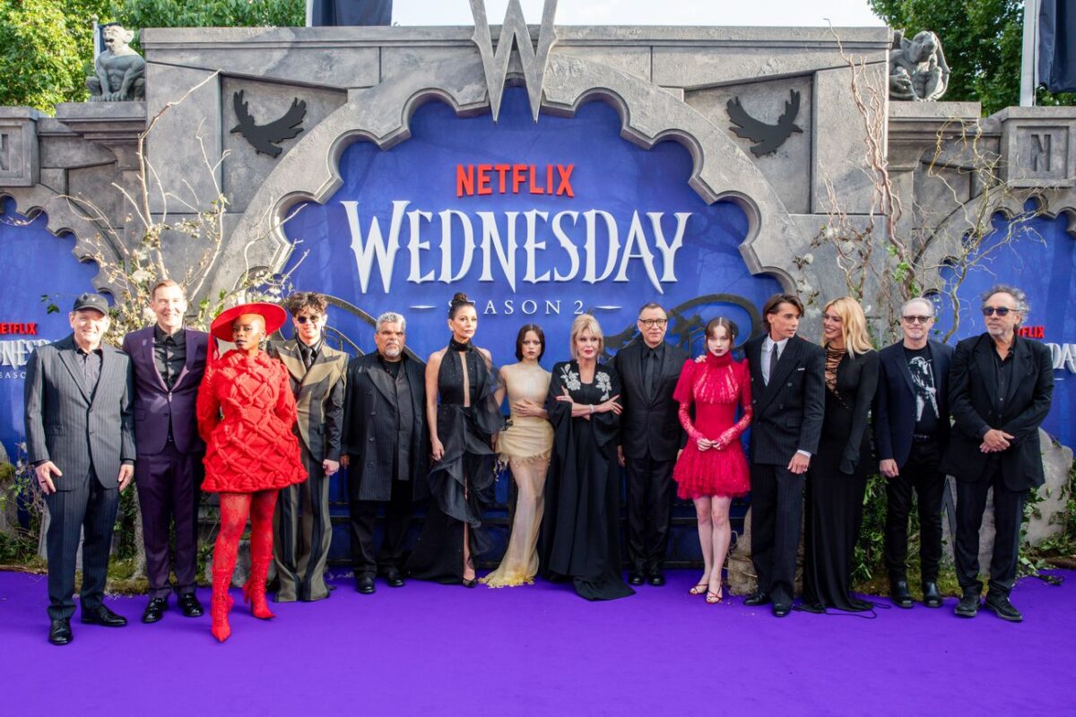 Alfred Gough, Miles Millar, Joy Sunday, Isaac Ordonez, Luis Guzmán, Catherine Zeta-Jones, Jenna Ortega, Joanna Lumley, Fred Armisen, Emma Myers, Georgie Farmer, Billie Piper, Steve Buscemi and Tim Burton attend the Global Premiere of Netflix's 'Wednesday' Season 2
