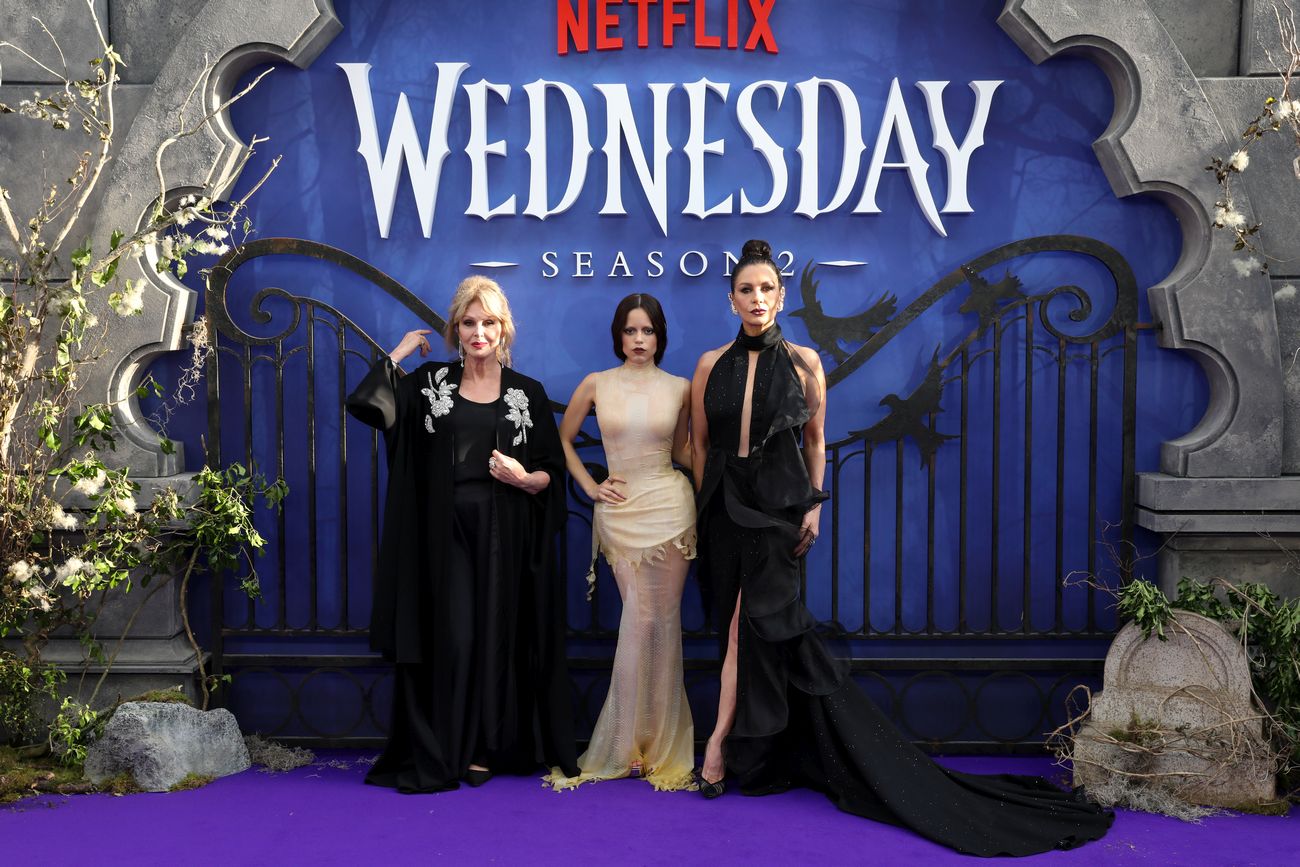 Joanna Lumley, Jenna Ortega and Catherine Zeta-Jones attend the Global Premiere of Netflix's 'Wednesday' Season 2, Part 1 at Central Hall Westminster, London on July 30th, 2025