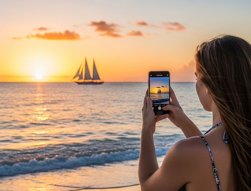 Žena si na pláži fotí loď mobilem.