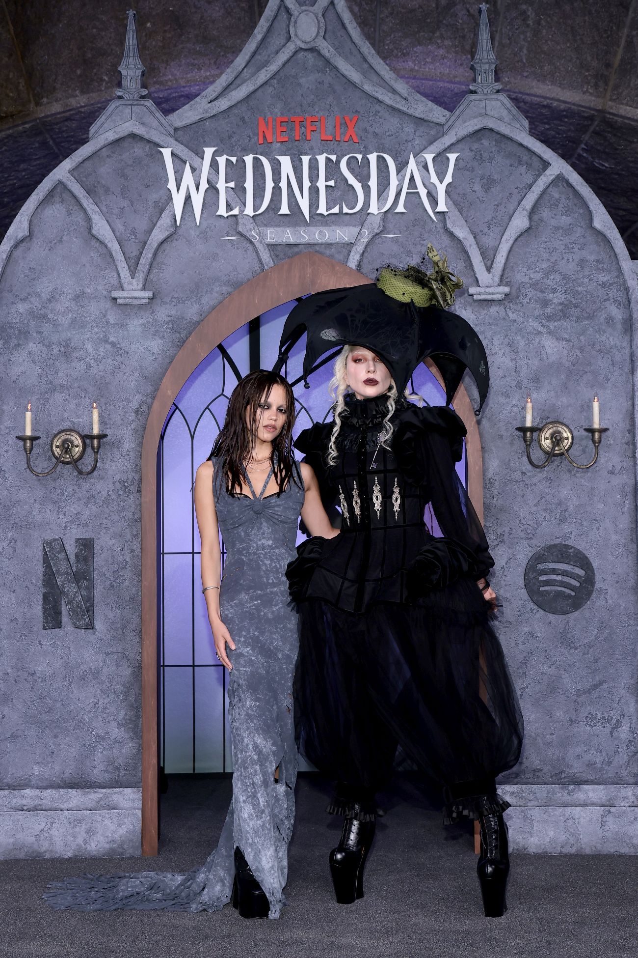 Jenna Ortega and Lady Gaga attend the Netflix x Spotify Wednesday Season 2 Graveyard Gala at Guastavino's on August 28, 2025 in New York City.