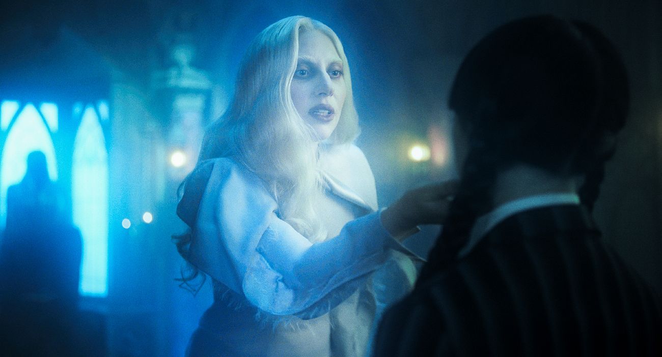 Lady Gaga as Rosaline Rotwood, Jenna Ortega as Wednesday Addams in episode 206 of Wednesday.