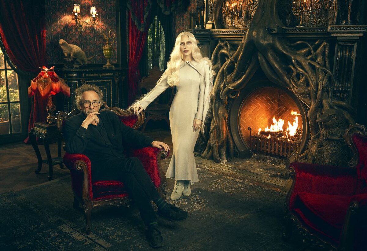 Tim Burton, Lady Gaga as Rosaline Rotwood on the set of Wednesday