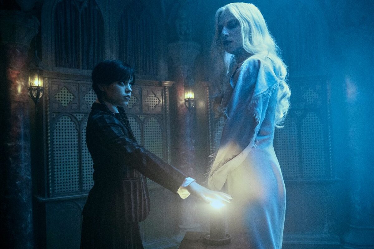 Lady Gaga as Rosaline Rotwood, Jenna Ortega as Wednesday Addams in episode 206 of Wednesday.